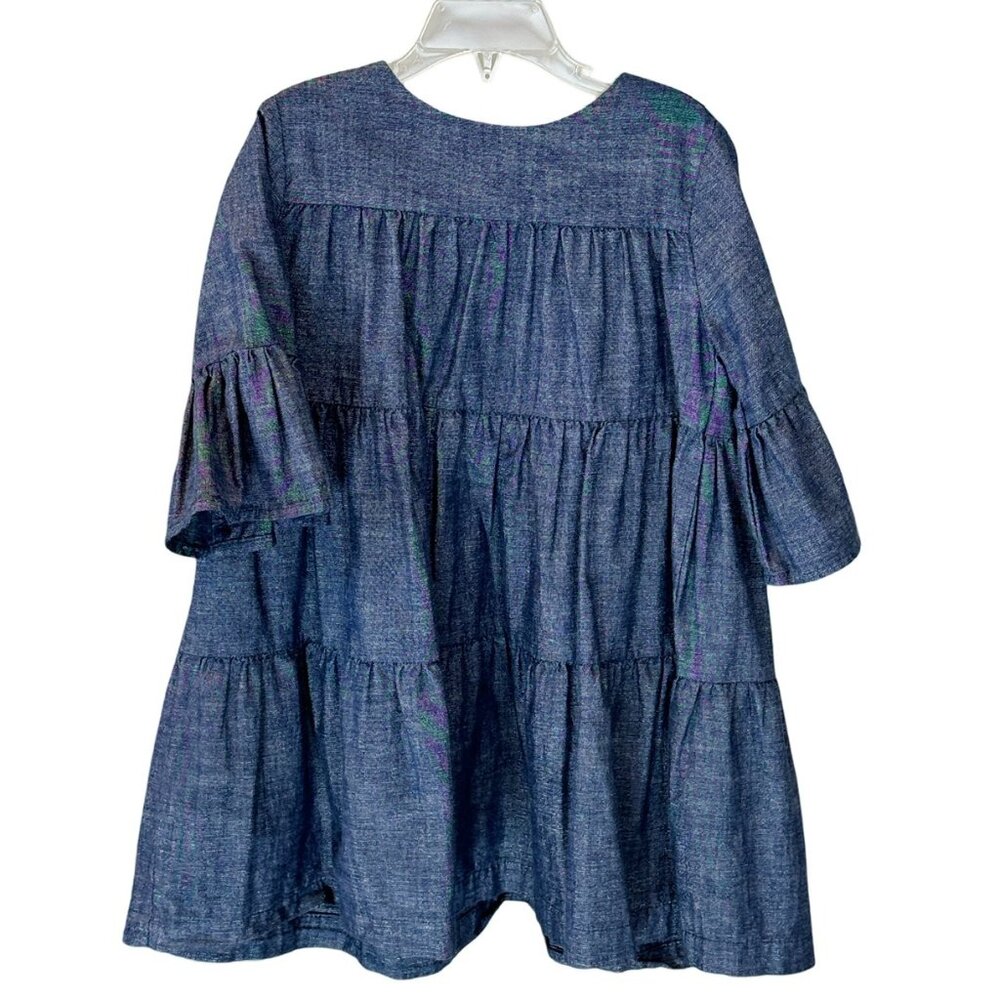 Girls Gymboree Blue Cotton Chambray Silver Shimmer Ruffled Tiered Dress, Size 5